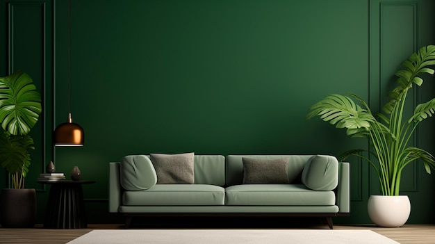 Interni moderni del soggiorno con divano e banner IA generativa