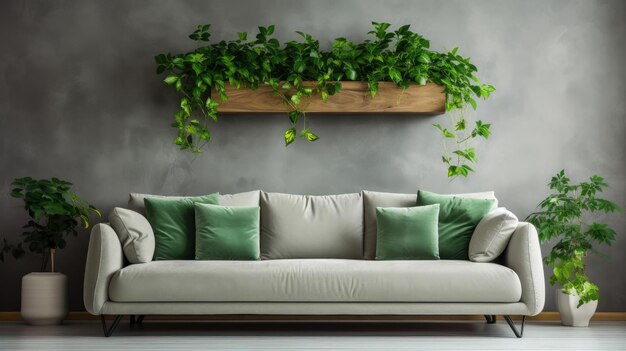 Interni moderni del soggiorno con divano e ornamento a foglia verde e design minimalista