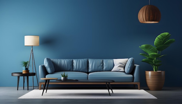 interni moderni del soggiorno con divano scuro sul blu