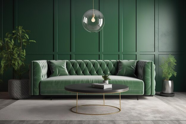 Interni moderni del soggiorno con poltrona e armadio su parete di colore verde scuro AI generativo