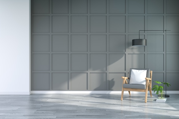 Interni moderni del soggiorno con poltrone su pavimenti in legno e parete grigio scuro