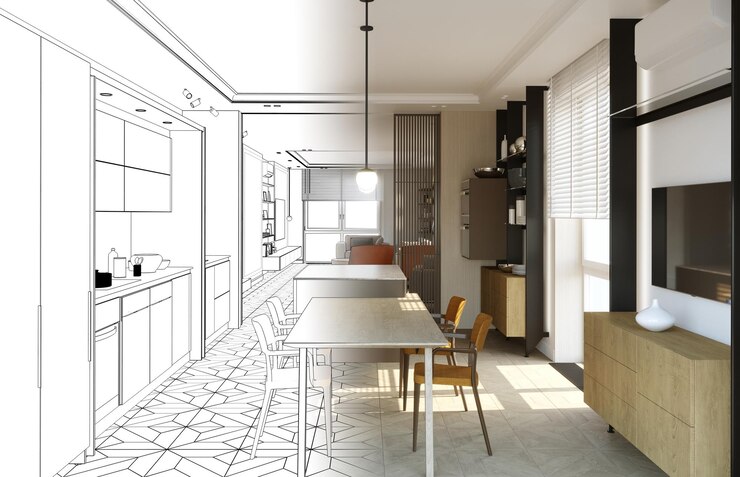 interni moderni dell'appartamento, illustrazione 3D