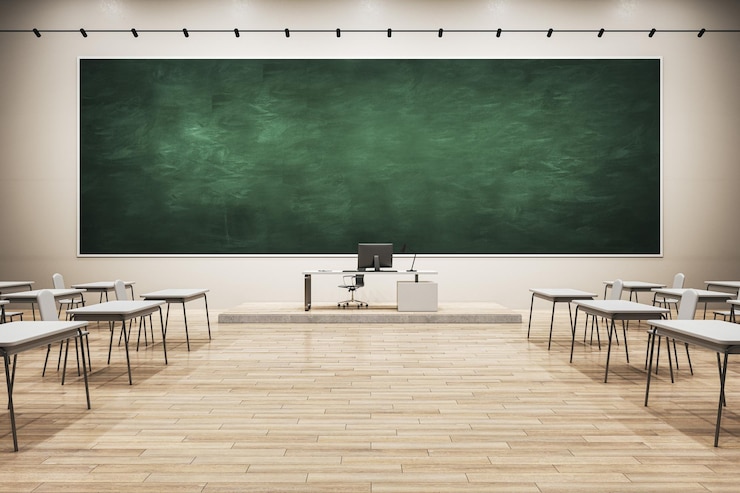 Foto interni moderni dell'aula con lavagna vuota e mock up place mobili e attrezzature per pavimenti in legno scuola di istruzione e concetto di conoscenza rendering 3d