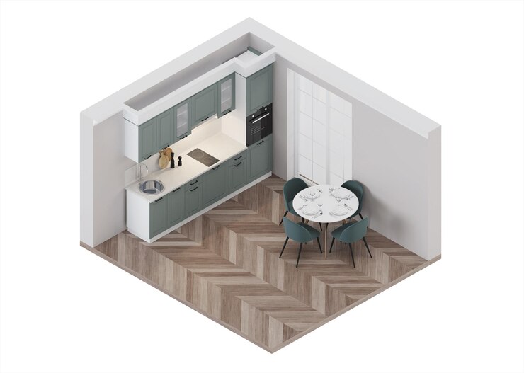 Interni moderni della cucina. Interno in proiezione ortogonale. Vista dall'alto. Rendering 3D.
