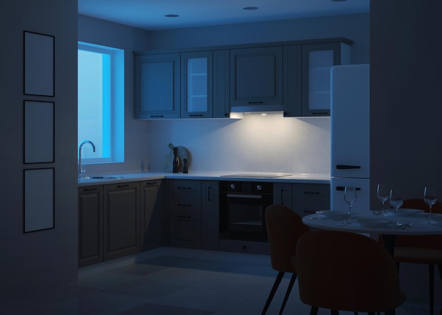 Interni moderni della cucina. Notte. Illuminazione serale. Rendering 3D.