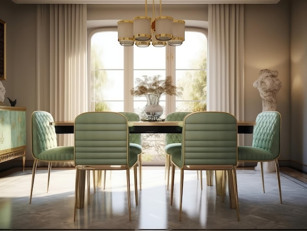 Interni moderni della sala da pranzo con sedie beige e luce naturale verde pastello che risplende attraverso le finestre IA generativa