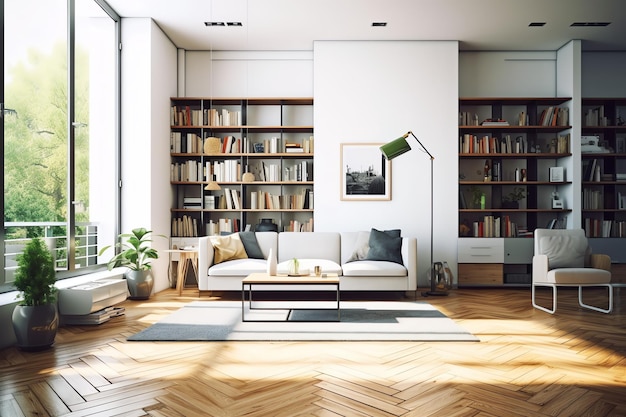 Interni moderni di appartamenti dal design abitativo con tavolo da lavoro e libreria Casa di lusso scandinava