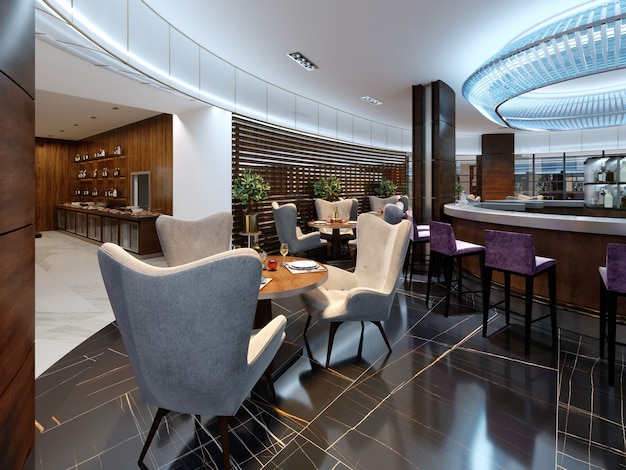 Interni moderni di bar e ristorante, parte di un hotel, interni di design. Rendering 3D