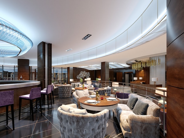 Interni moderni di bar e ristorante, parte di un hotel, interni di design. Rendering 3D