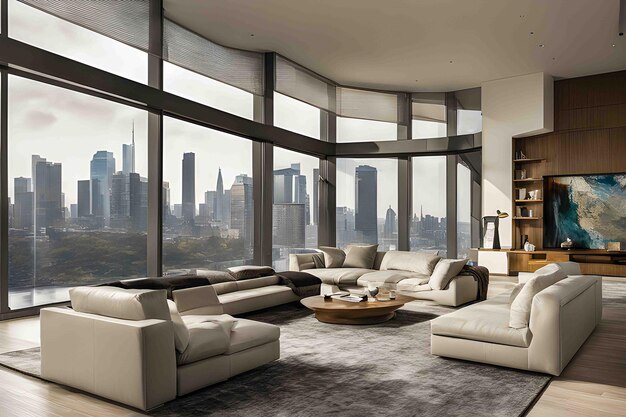 Interni moderni di classe in un soggiorno in città con comodo divano e grandi finestre