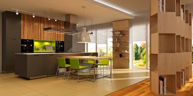 Interni moderni di cucina con soggiorno