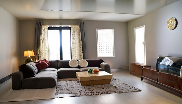 Interni moderni di open space con cuscini per tavolini da salotto modulari per mobili di design