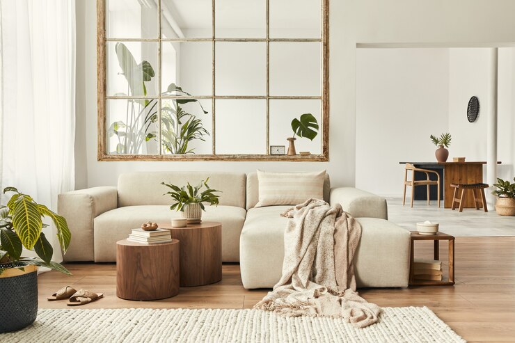 Foto interni moderni di open space con divano modulare di design, mobili, tavolini in legno, plaid, cuscini, piante tropicali ed eleganti accessori personali in un elegante arredamento per la casa. soggiorno neutro.