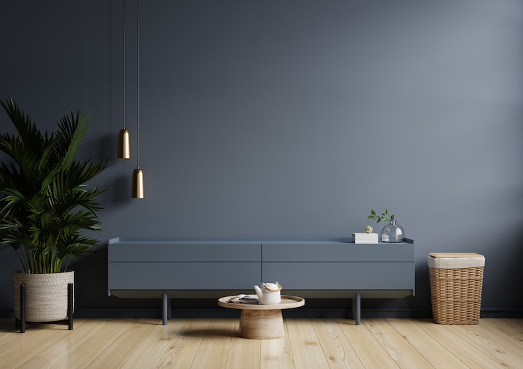 Foto interni moderni di soggiorno con mobile per tv su parete blu scuro, rendering 3d