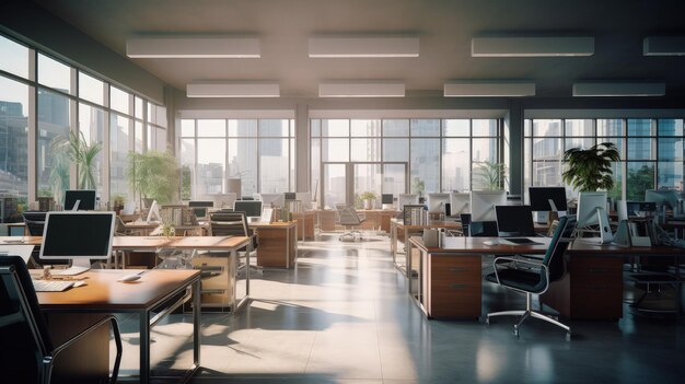 Interni moderni di uffici coworking con computer e vista sulla città