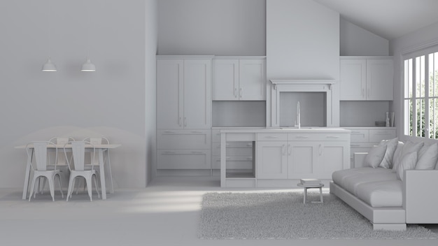 Interni moderni di una casa di campagna. Riparazioni. Interni grigi. Rendering 3D.