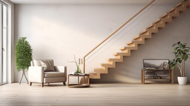 Interni moderni e confortevoli con sedie e scale in legno Interni moderni di case private di lusso