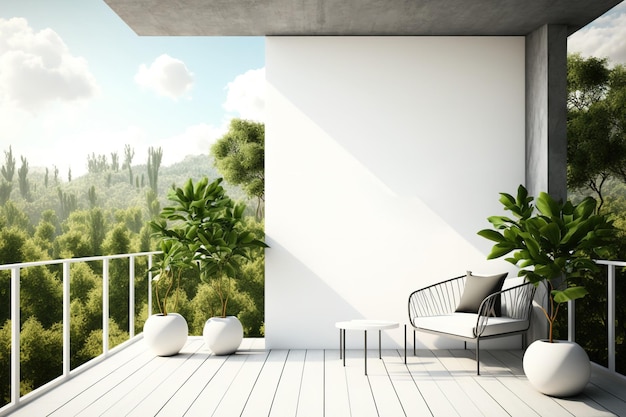 Interni moderni e luminosi con terrazza o balcone in cemento con poster mock up bianco vuoto, splendida vista sulla natura e cielo luminoso Concetto di architettura e design