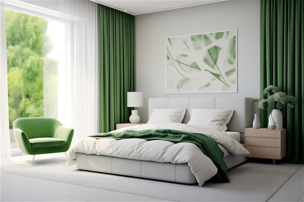Interni moderni e luminosi di una camera da letto bianca e verde