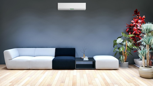 Interni moderni e luminosi Soggiorno con illustrazione di aria condizionata Rendering 3D di immagini generate al computer
