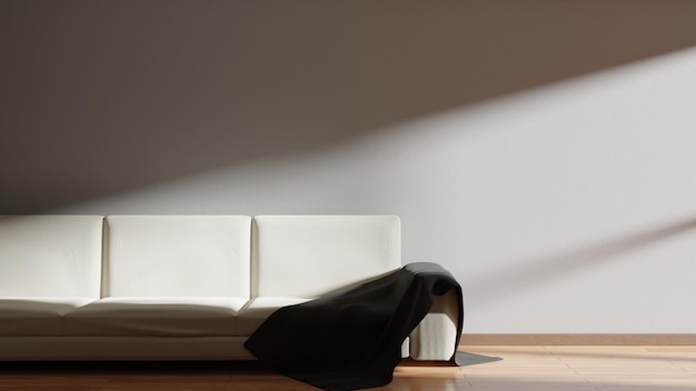 Interni moderni e minimalisti con comodo divano su pavimento in legno 3d che rende elegante concetto di interni