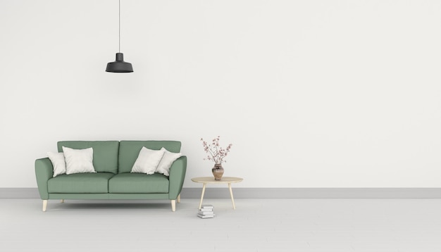 Interni moderni e minimalisti con divano su sfondo bianco vuoto