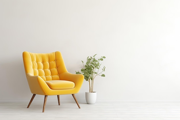 Interni moderni e minimalisti con una poltrona gialla su sfondo bianco vuoto