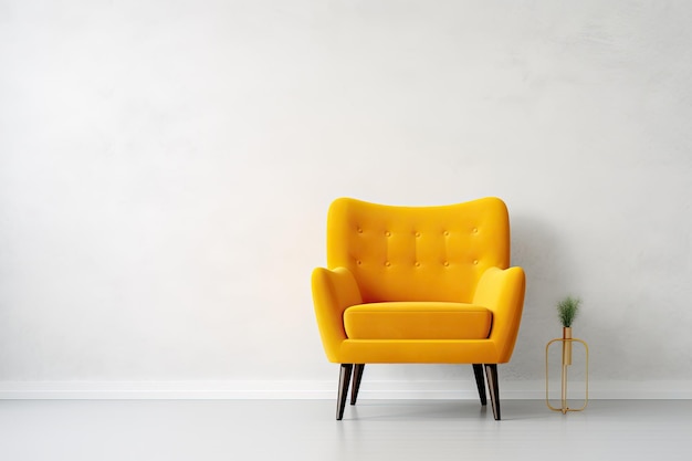 Interni moderni e minimalisti con una poltrona gialla su sfondo bianco vuoto