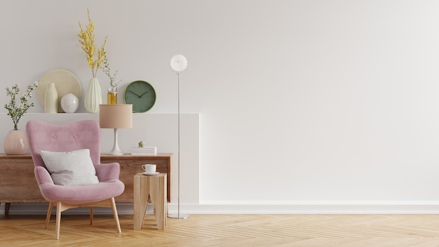 Interni moderni e minimalisti con una poltrona sul muro bianco vuoto, rendering 3D