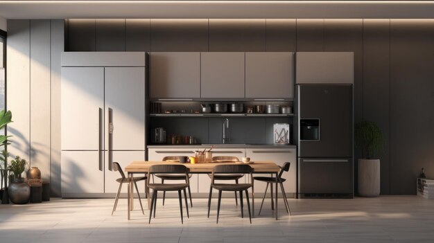 Interni moderni e minimalisti della cucina Facciate piatte grigie controsoffitto in pietra elettrodomestici da incasso grande frigorifero illuminazione della superficie di lavoro Zona pranzo Design per la casa contemporaneo rendering 3D