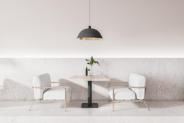 Interni moderni in cemento art deco cafe con mobili e rendering 3D diurno