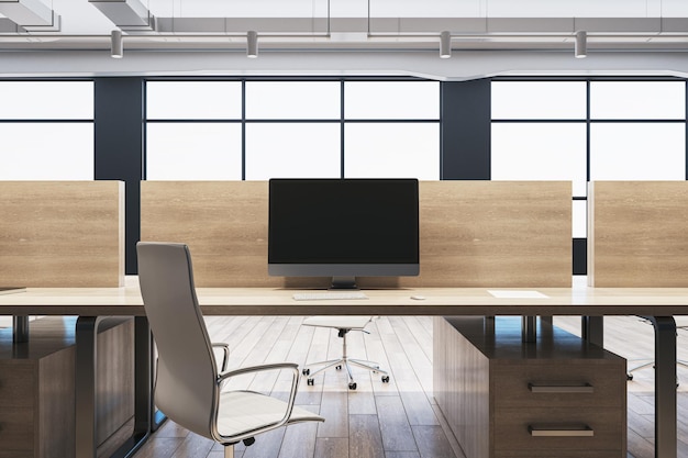 Interni moderni in legno per uffici di coworking con finestre panoramiche e mobili e attrezzature per la luce del giorno mock up posto sullo schermo del computer Rendering 3D