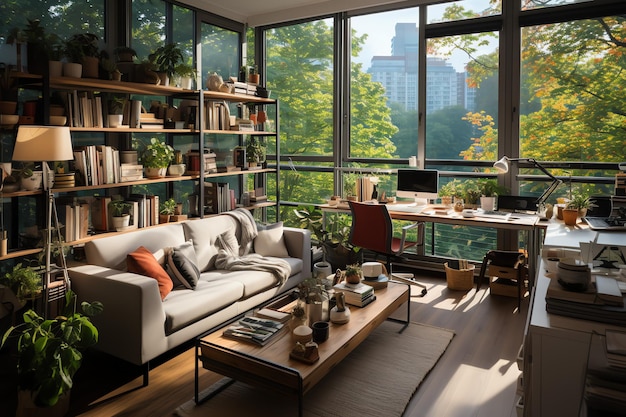Interni moderni in soggiorno o camera da letto con tavolo da lavoro Scandinavo domestico di lusso
