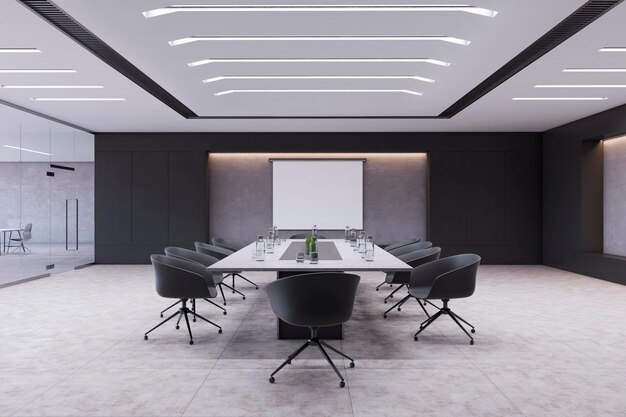 Interni moderni per uffici di coworking con attrezzature per mobili con banner mock up bianco vuoto e altri oggetti Rendering 3D del concetto di spazio di lavoro e commerciale