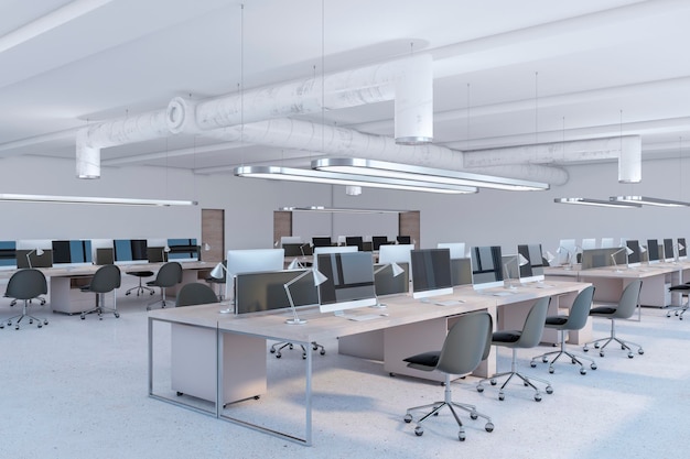Interni moderni per uffici di coworking con mobili e rendering 3D di luce diurna