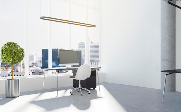 Interni moderni per uffici di coworking con mobili per la luce del sole e banner vuoto su muro di cemento Mock up 3D Rendering
