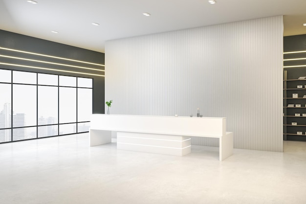 Interni moderni per uffici in cemento con finestra bianca del banco della reception con vista sulla città e mock up posto sulla parete Rendering 3D del concetto di lobby