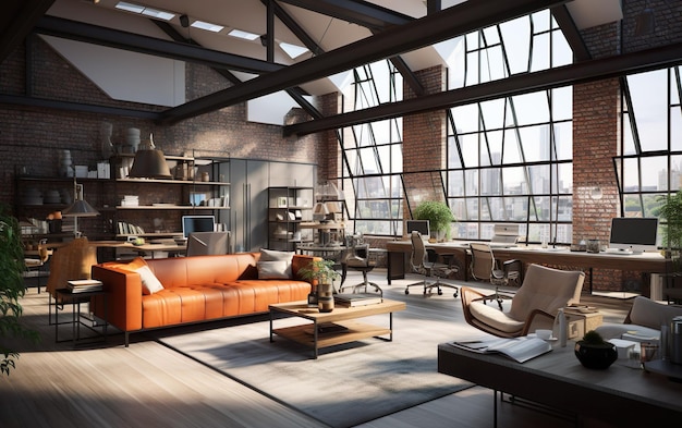 Interni moderni per uffici in loft con mobili