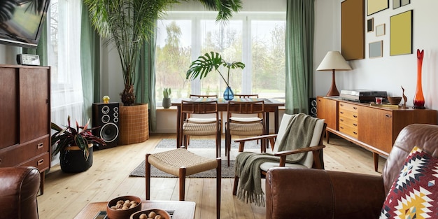 Interni moderni scandinavi del soggiorno con mobili retrò di design, decorazioni per finestre con piante tropicali ed eleganti accessori personali in eleganti decorazioni per la casa