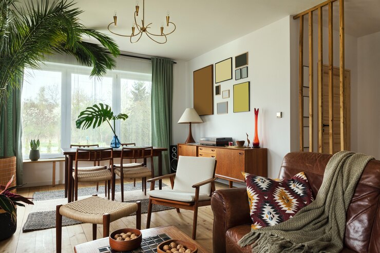 Foto interni moderni scandinavi di soggiorno con mobili di design retrò, palme tropicali, pareti della galleria, decorazioni ed eleganti accessori personali in un elegante arredamento per la casa.