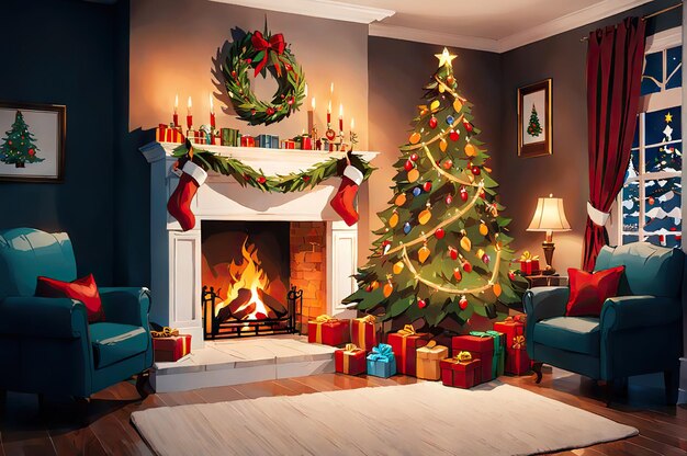 Interni natalizi con caminetto magico e regali in soggiorno