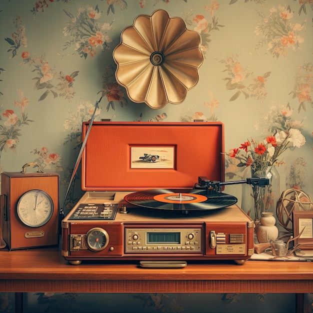 Interni nostalgici d'epoca con radio retro e orologio antico