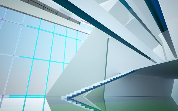 Interni parametrici astratti bianchi e colorati in vetro sfumato con illustrazione 3D della finestra