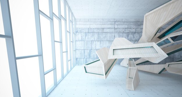 Interni parametrici astratti in cemento e legno con illustrazione e rendering 3D della finestra