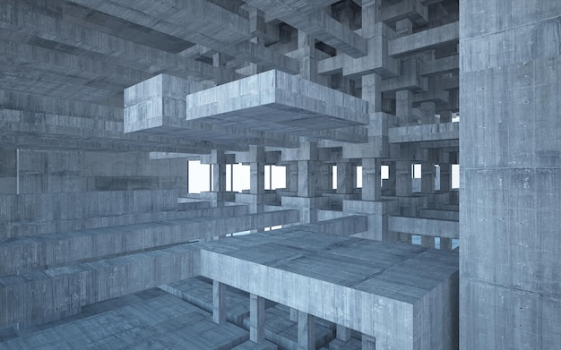 Interni parametrici bianchi e concreti astratti con illustrazione e rendering 3D della finestra