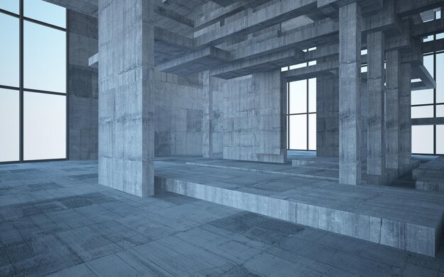 Interni parametrici bianchi e concreti astratti con illustrazione e rendering 3D della finestra