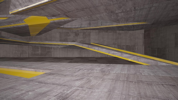 Interni parametrici in cemento astratto con illuminazione al neon 3D illustrazione e rendering