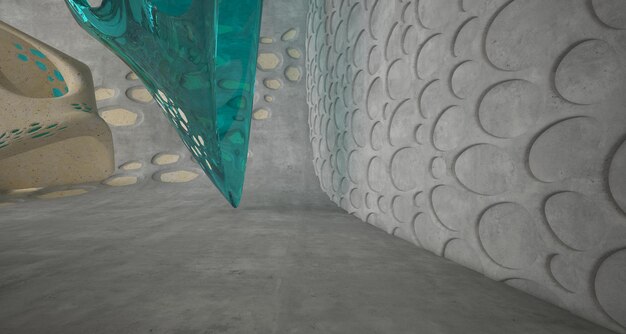 Interni parametrici in cemento astratto con illuminazione al neon 3D illustrazione e rendering