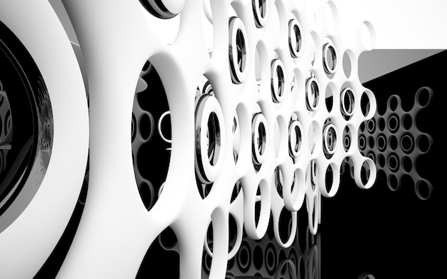 Interni parametrici lisci bianchi e neri astratti con finestra. Illustrazione e rendering 3D.