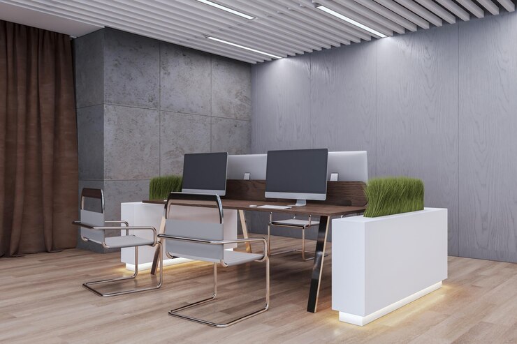 Foto interni puliti dell'ufficio di coworking con mobili con pavimenti in legno e partizioni vegetali rendering 3d